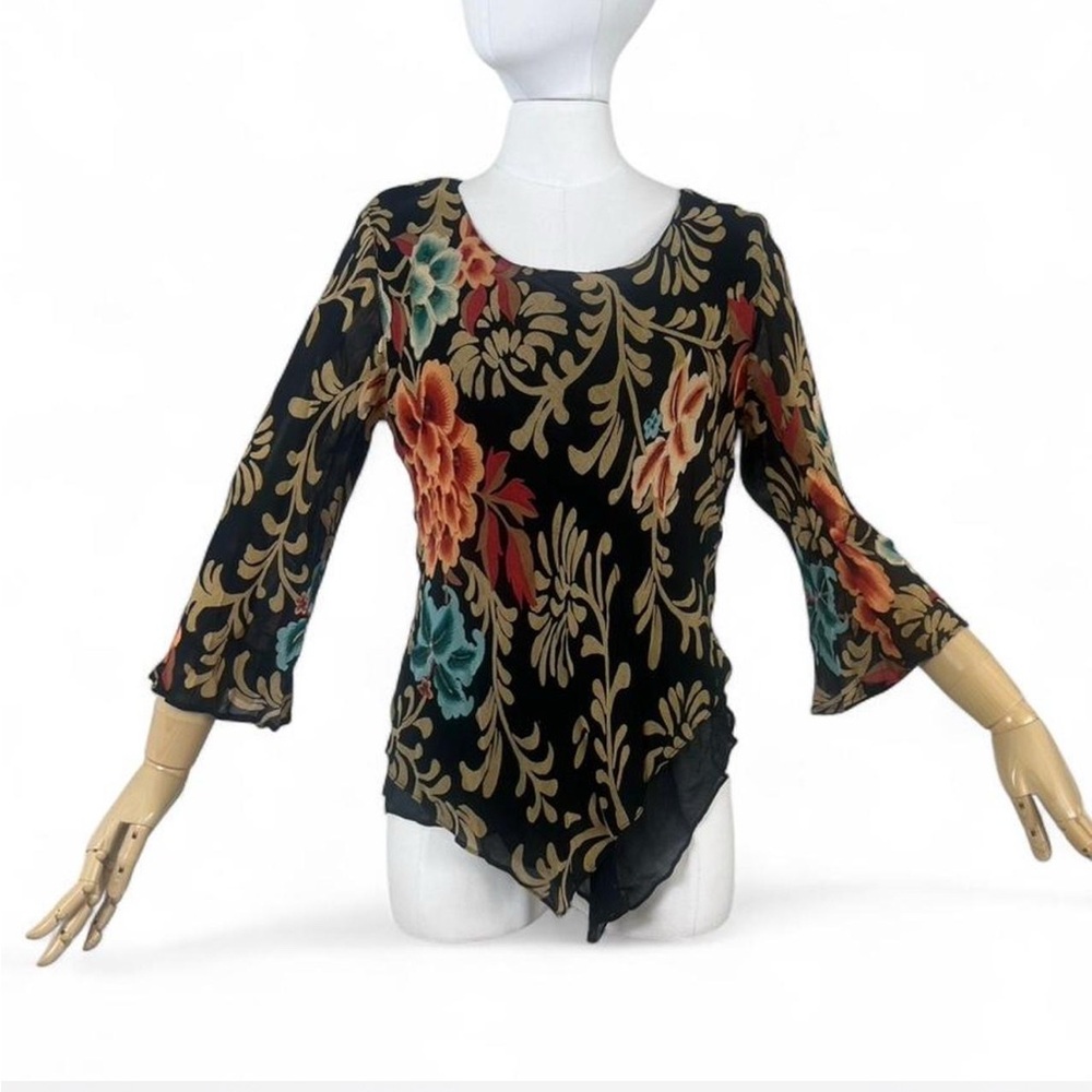 Lola P. Floral‎ Silk Bias Cut Asymmetrical Blouse